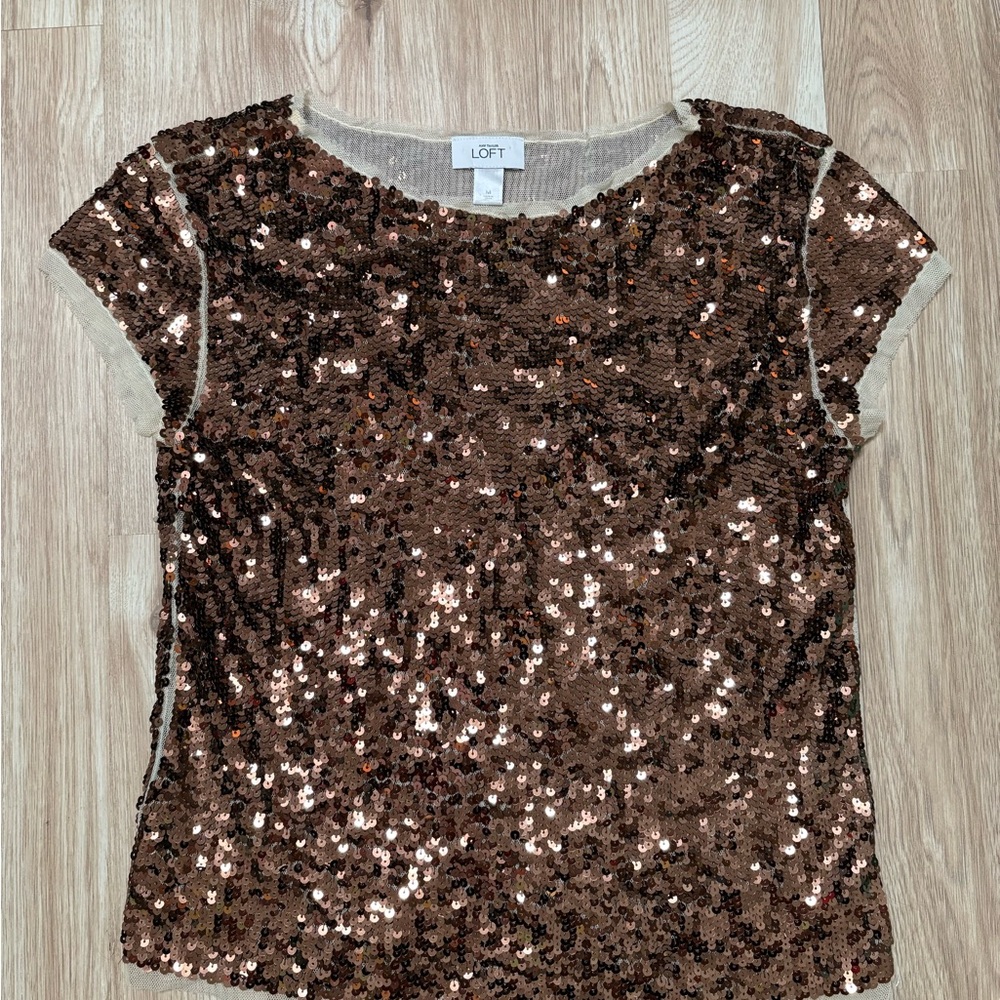 LOFT Brown Sequin Cap Sleeve Blouse